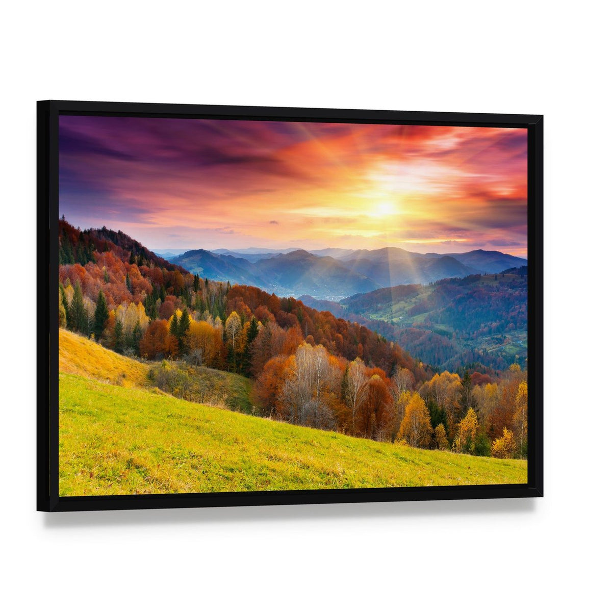 Colorful Mountain at Sunset Canvas Wall Art, framed canvas in a black floater frame, angled product view