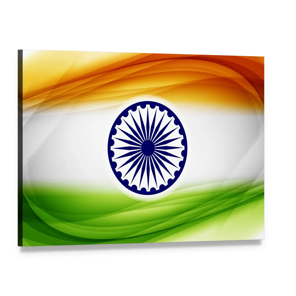 Indian Tricolor Flowing Waves with Ashoka Chakra Canvas Wall Art, single panel gallery wrapped canvas, angled product view