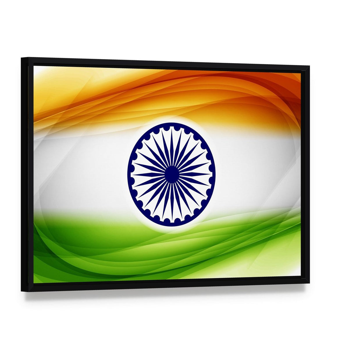 Abstract Indian Flag with Ashoka Chakra Canvas Wall Art, framed canvas in a black floater frame, angled product view