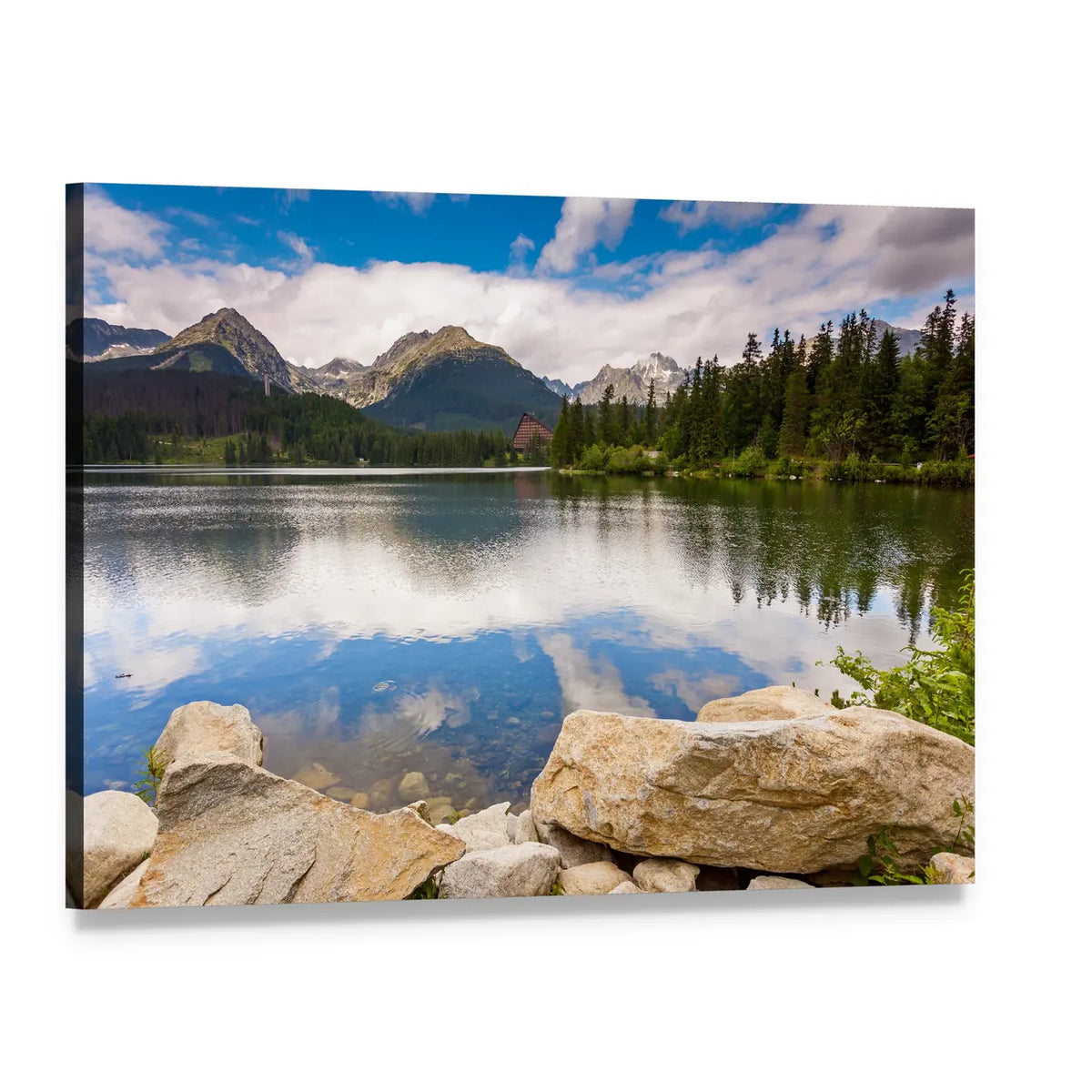 Mountain Lake Reflection with Boulders Canvas Wall Art, single panel gallery wrapped canvas, angled product view