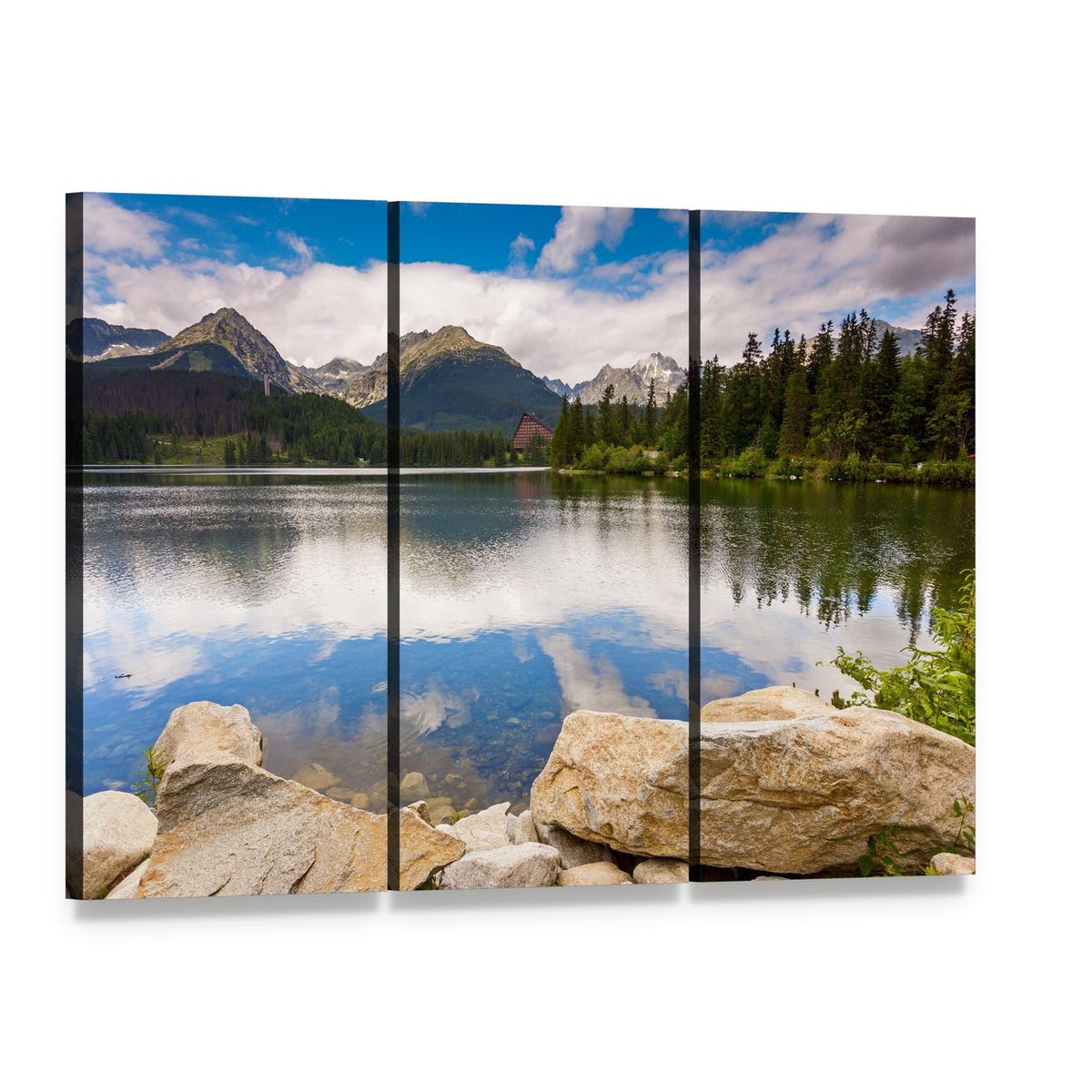Mountain Lake with Boulders and Reflections Canvas Wall Art, 3 panel 3 Horizontal layout gallery wrapped canvas set, angled product view