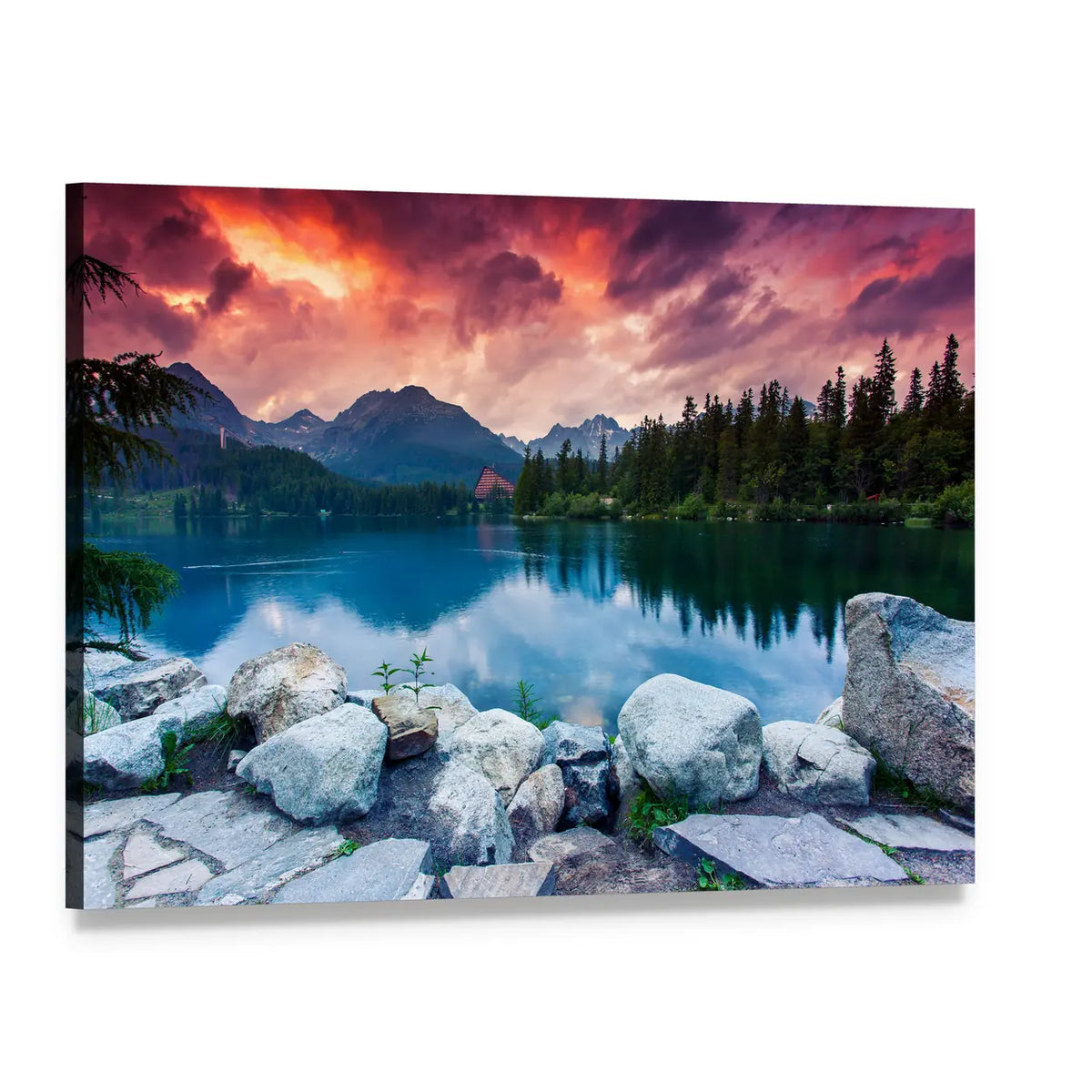 Alpine Mountain Lake at Sunset Canvas Wall Art, single panel gallery wrapped canvas, angled product view