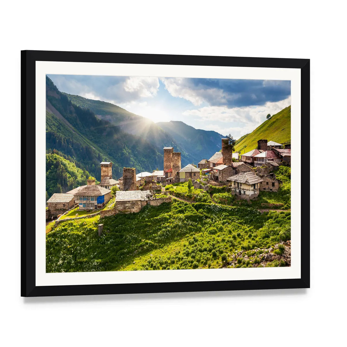 Adishi Village in Georgia Canvas Wall Art, framed print with white mat and black frame, angled product view