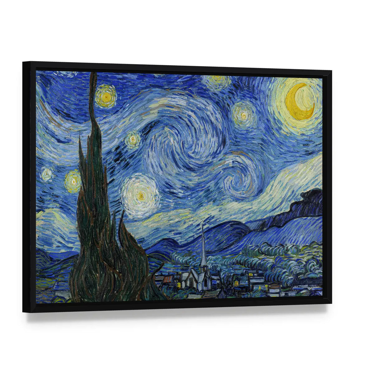 Vincent Van Gogh Starry Night 1889 Canvas Wall Art, framed canvas in a black floater frame, angled product view