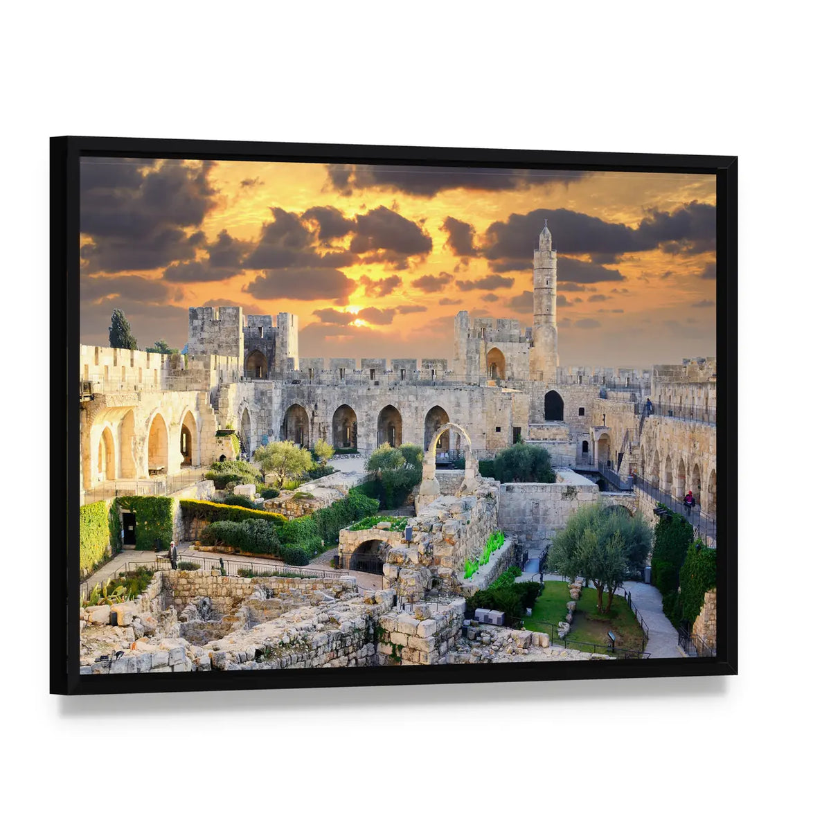 Tower of David at Sunset, Jerusalem Palestine Canvas Wall Art, framed canvas in a black floater frame, angled product view