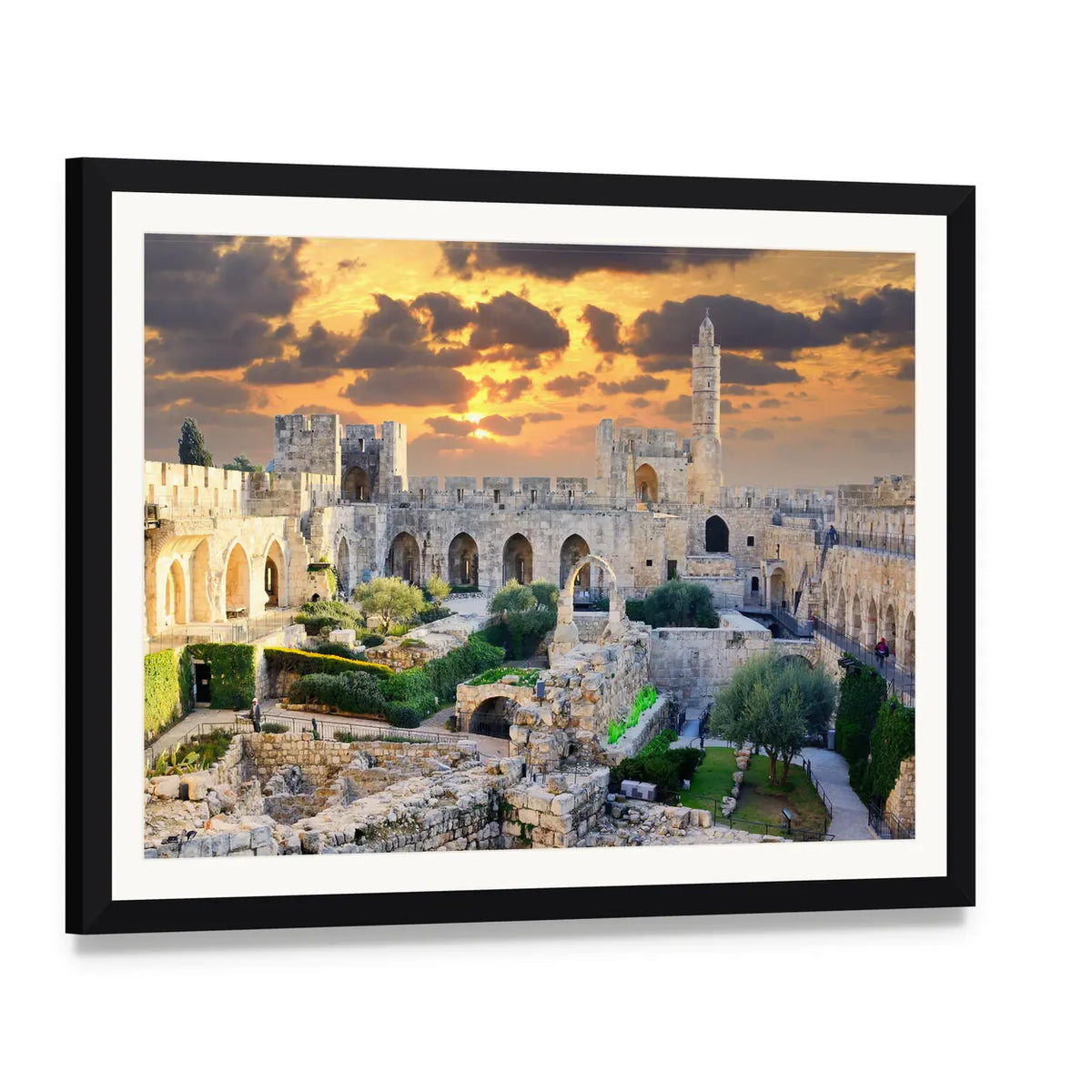 Tower of David at Sunset, Jerusalem Palestine Canvas Wall Art, framed print with white mat and black frame, angled product view