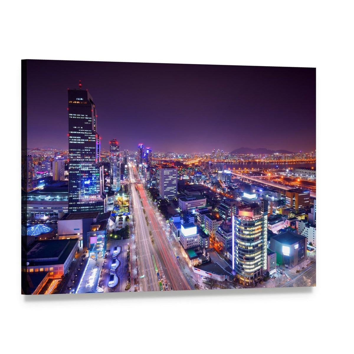 Vibrant Gangnam District Skyline at Night Canvas Wall Art, single panel gallery wrapped canvas, angled product view