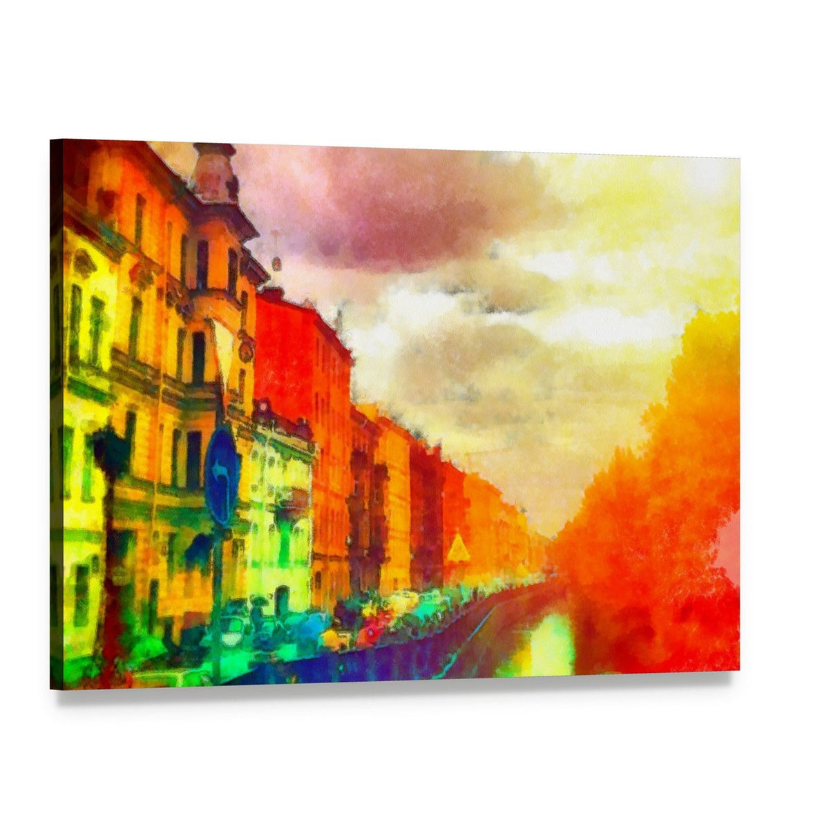Watercolor Cityscape Canvas Wall Art, single panel gallery wrapped canvas, angled product view
