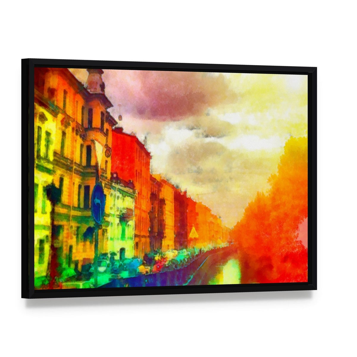 Watercolor Cityscape Canvas Wall Art, framed canvas in a black floater frame, angled product view