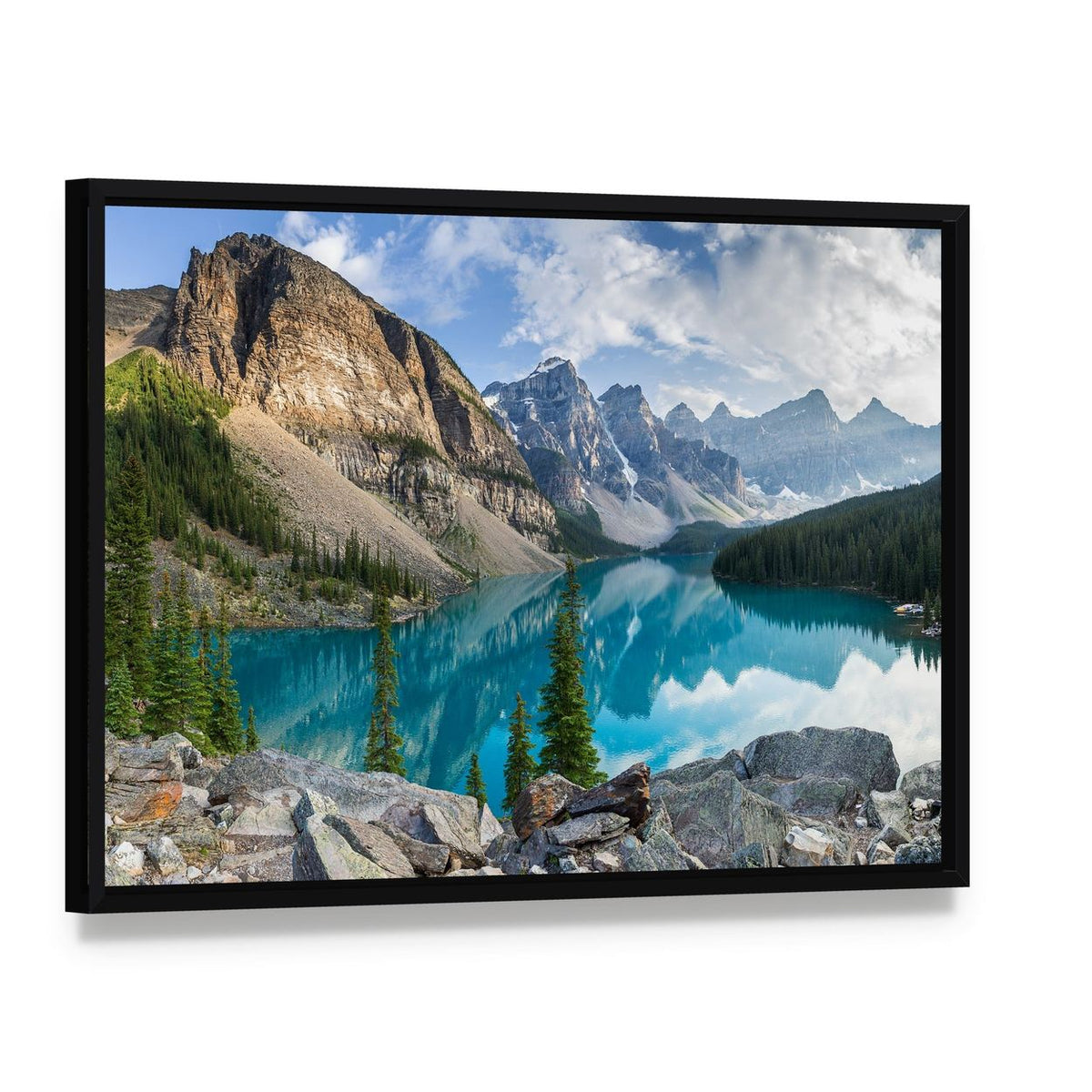 Rocky Mountains and Moraine Lake Canvas Wall Art, framed canvas in a black floater frame, angled product view