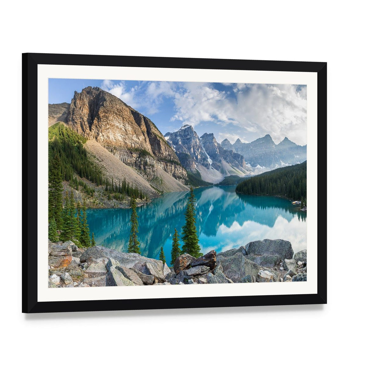 Rocky Mountains and Moraine Lake Canvas Wall Art, framed print with white mat and black frame, angled product view