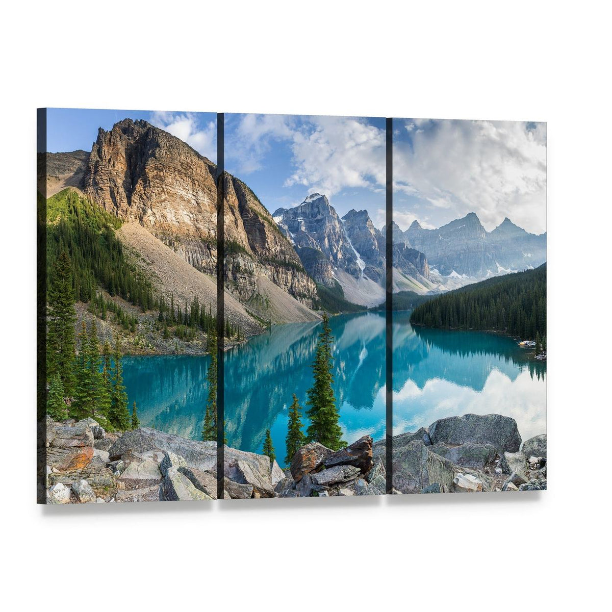 Rocky Mountains and Moraine Lake Canvas Wall Art, 3 panel 3 Horizontal layout gallery wrapped canvas set, angled product view
