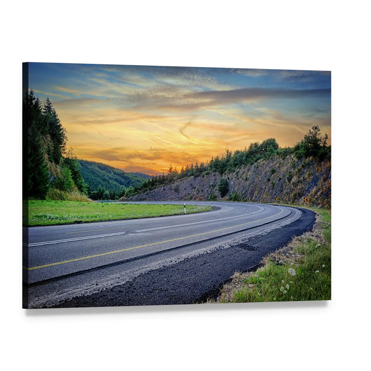 Curving Mountain Road at Sunset Canvas Wall Art, single panel gallery wrapped canvas, angled product view