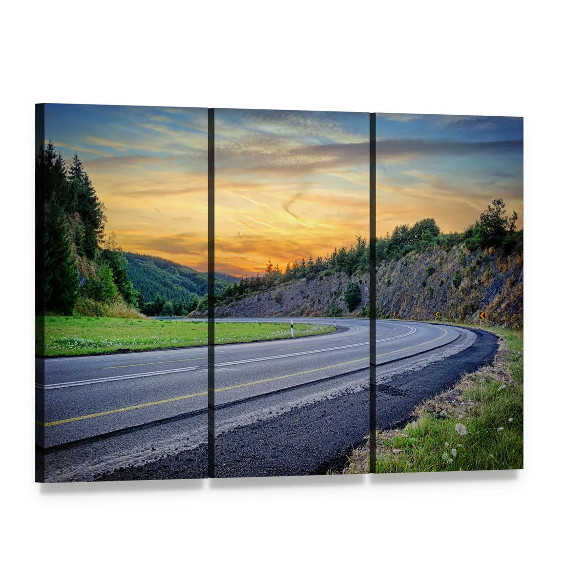 Curving Mountain Road at Sunset Canvas Wall Art, 3 panel 3 Horizontal layout gallery wrapped canvas set, angled product view