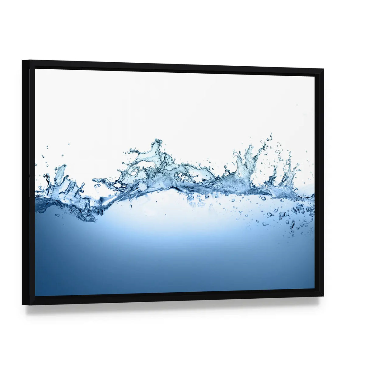 High-speed Water Splash with Bubbles Canvas Wall Art, framed canvas in a black floater frame, angled product view