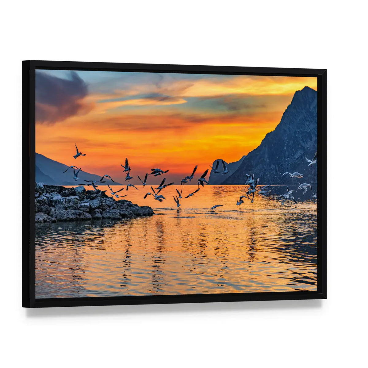 Sunset At Lake Garda In Italy Canvas Wall Art, framed canvas in a black floater frame, angled product view