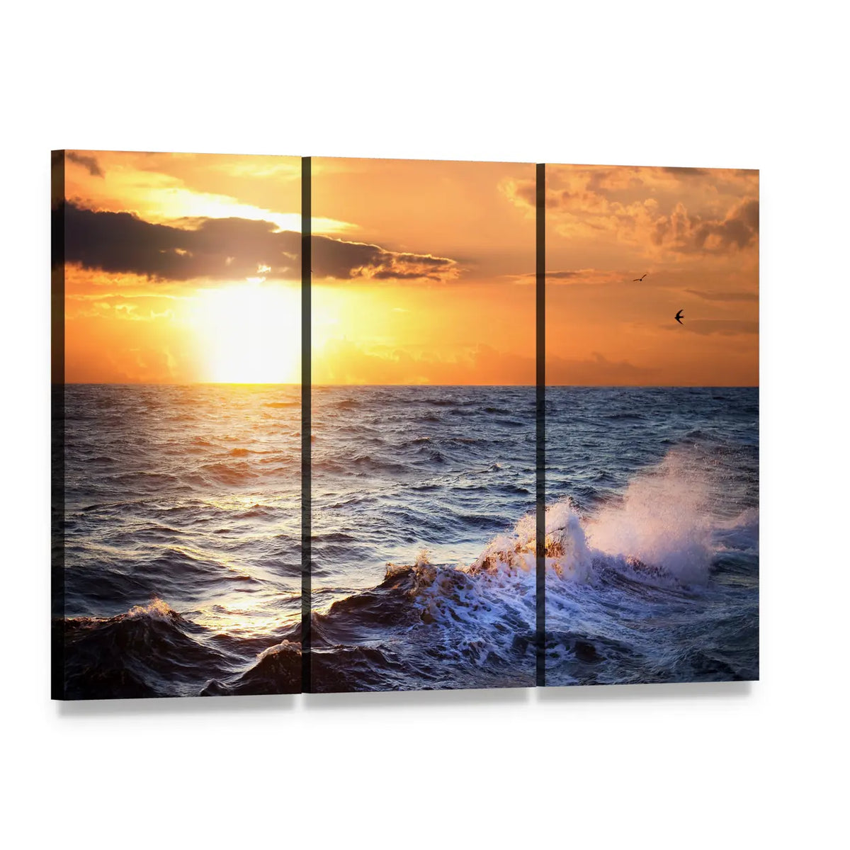 Stormy Sea at Sunset Canvas Wall Art, 3 panel 3 Horizontal layout gallery wrapped canvas set, angled product view