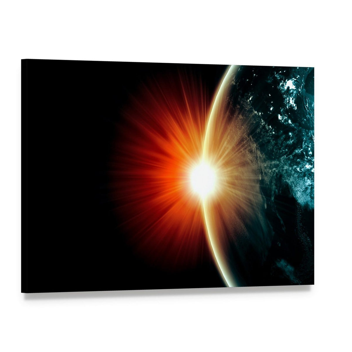 Planet Earth with Sunbeam Light Canvas Wall Art, single panel gallery wrapped canvas, angled product view
