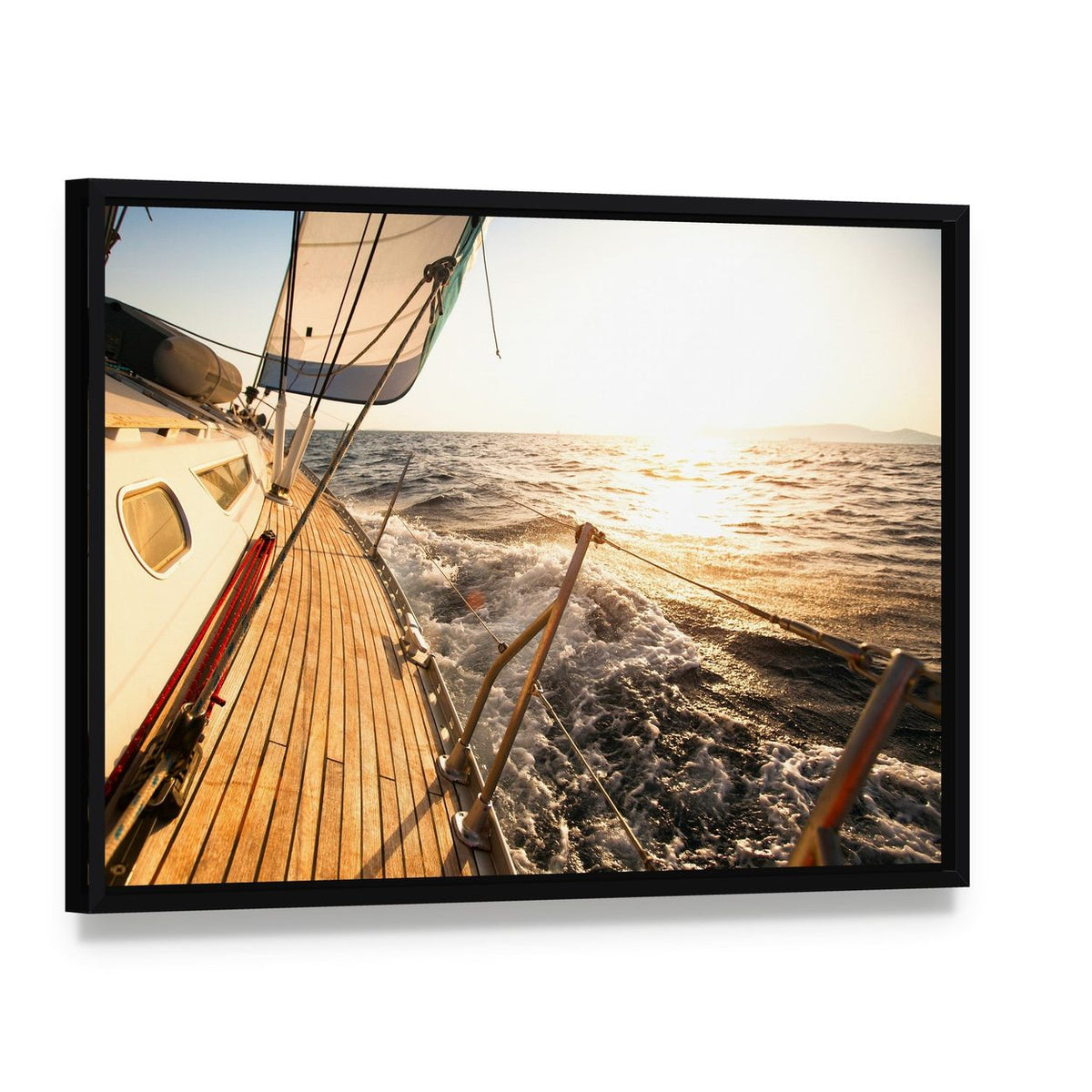 Yacht Sailing Regatta Canvas Wall Art, framed canvas in a black floater frame, angled product view