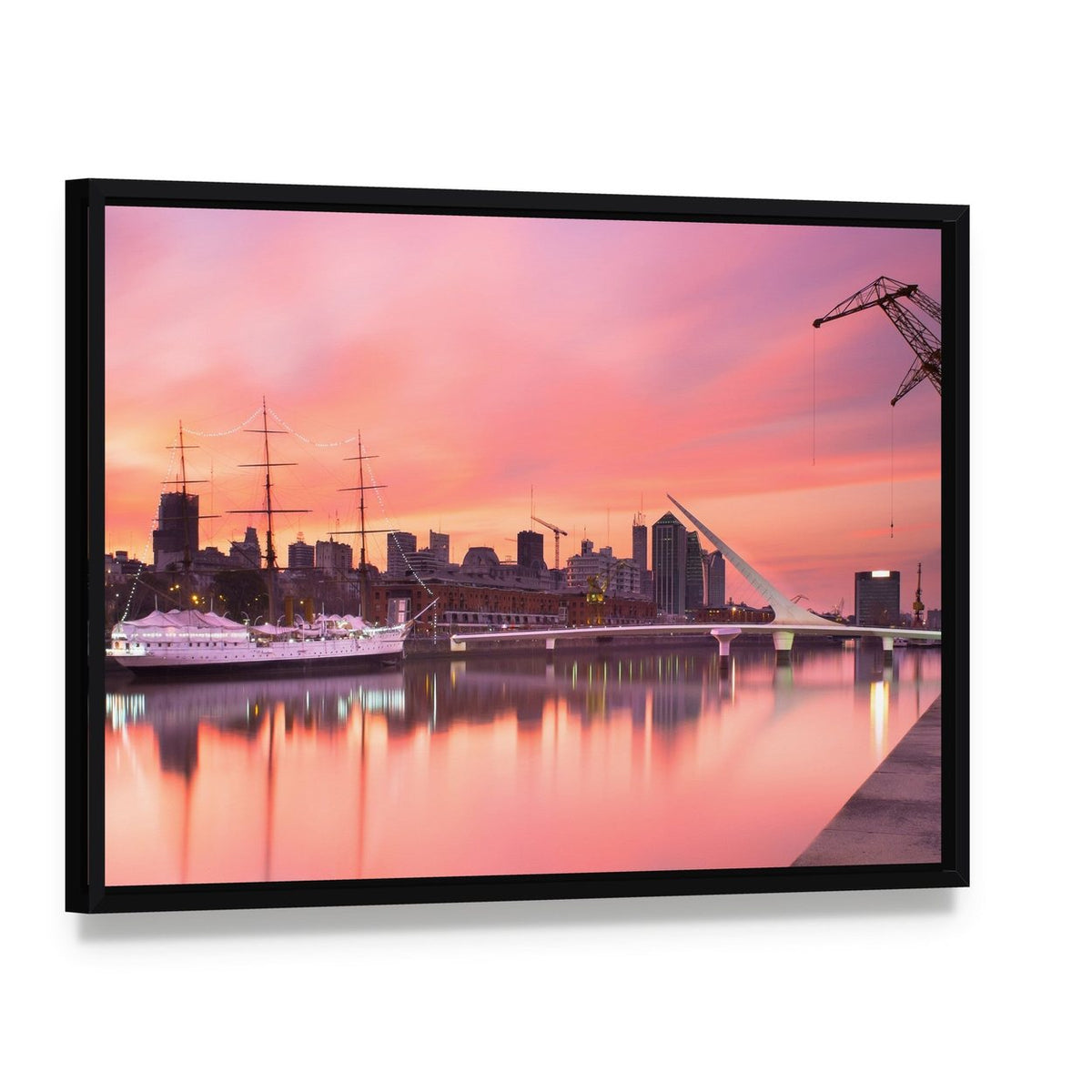 Puerto Madero at Sunset Canvas Wall Art, framed canvas in a black floater frame, angled product view