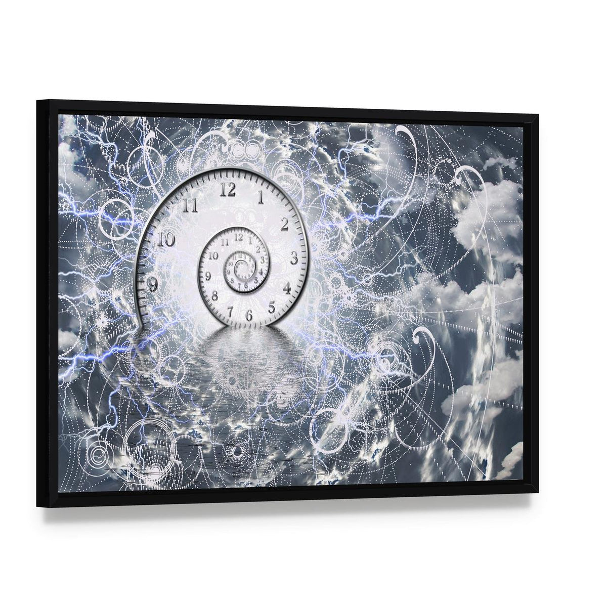 Cosmic Spiral Clock Canvas Wall Art, framed canvas in a black floater frame, angled product view