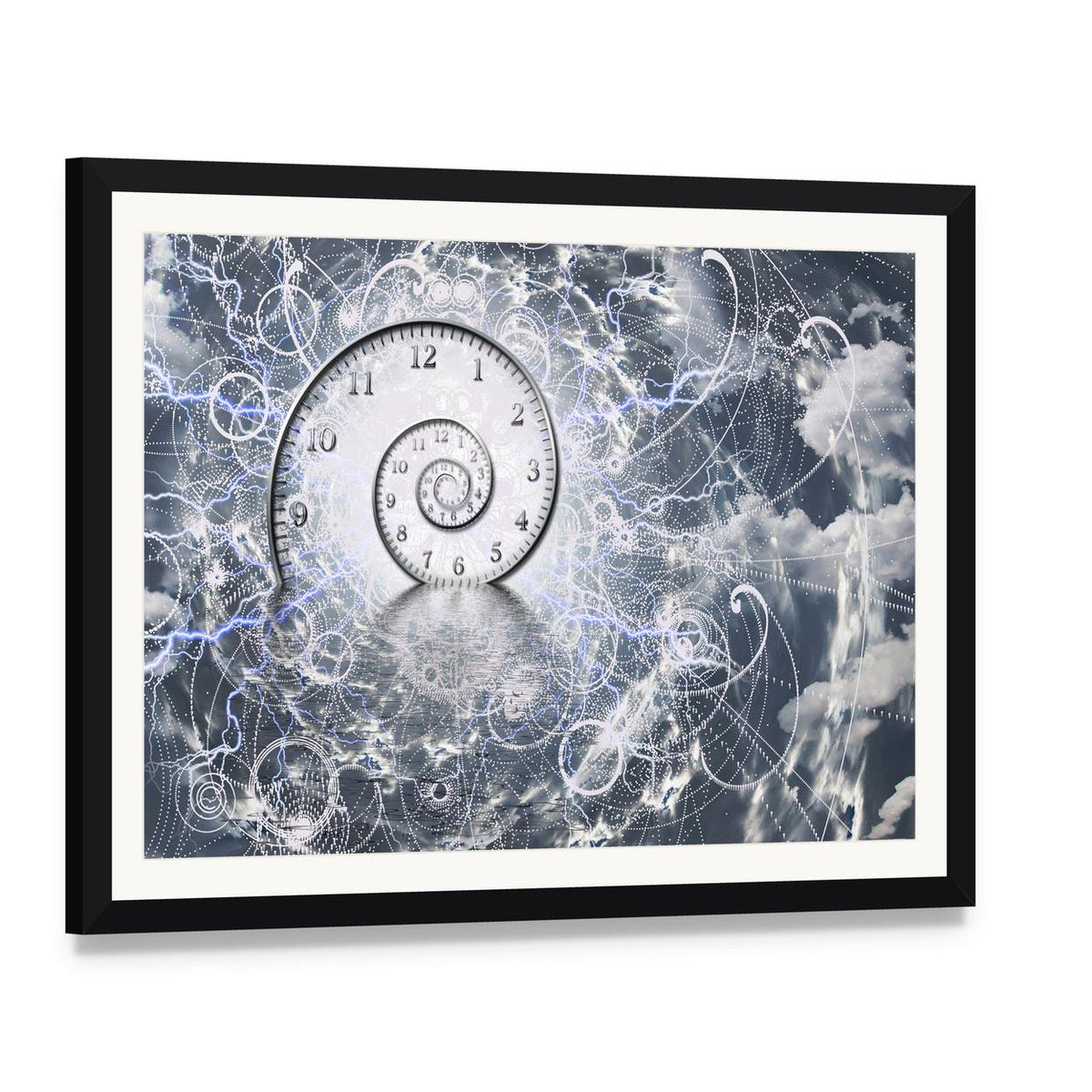 Cosmic Spiral Clock Canvas Wall Art, framed print with white mat and black frame, angled product view