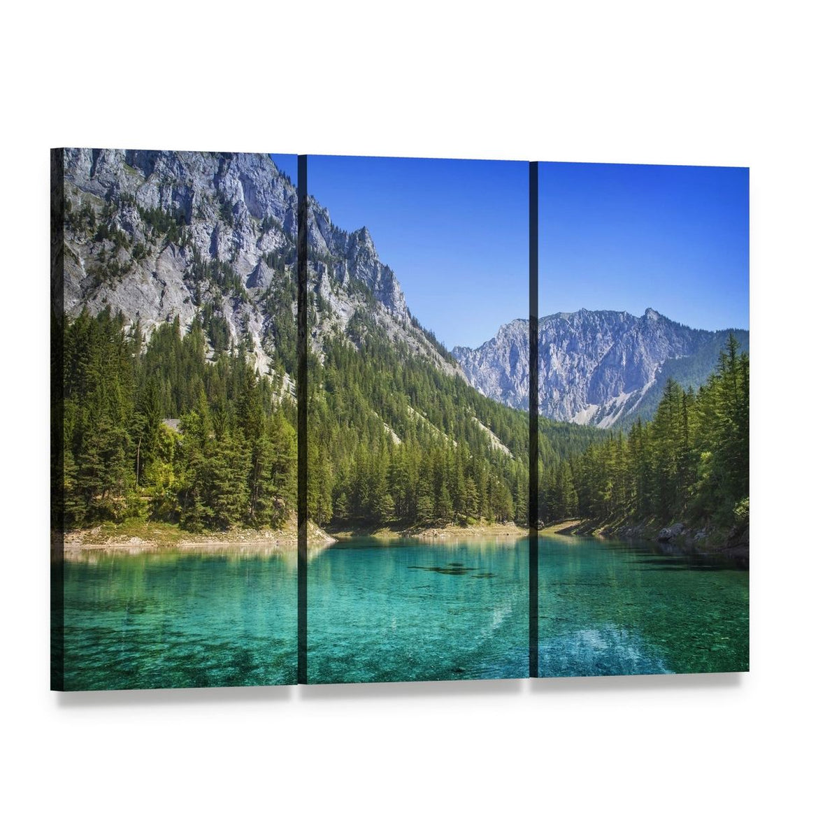 Green Lake with Turquoise Water Canvas Wall Art, 3 panel 3 Horizontal layout gallery wrapped canvas set, angled product view