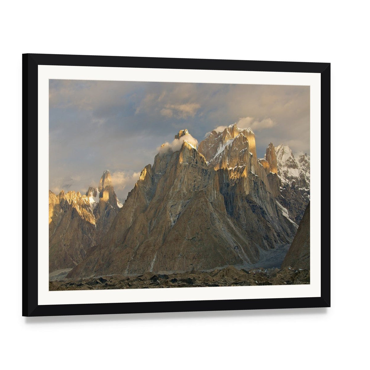 Trango Towers in Evening Light Canvas Wall Art, framed print with white mat and black frame, angled product view