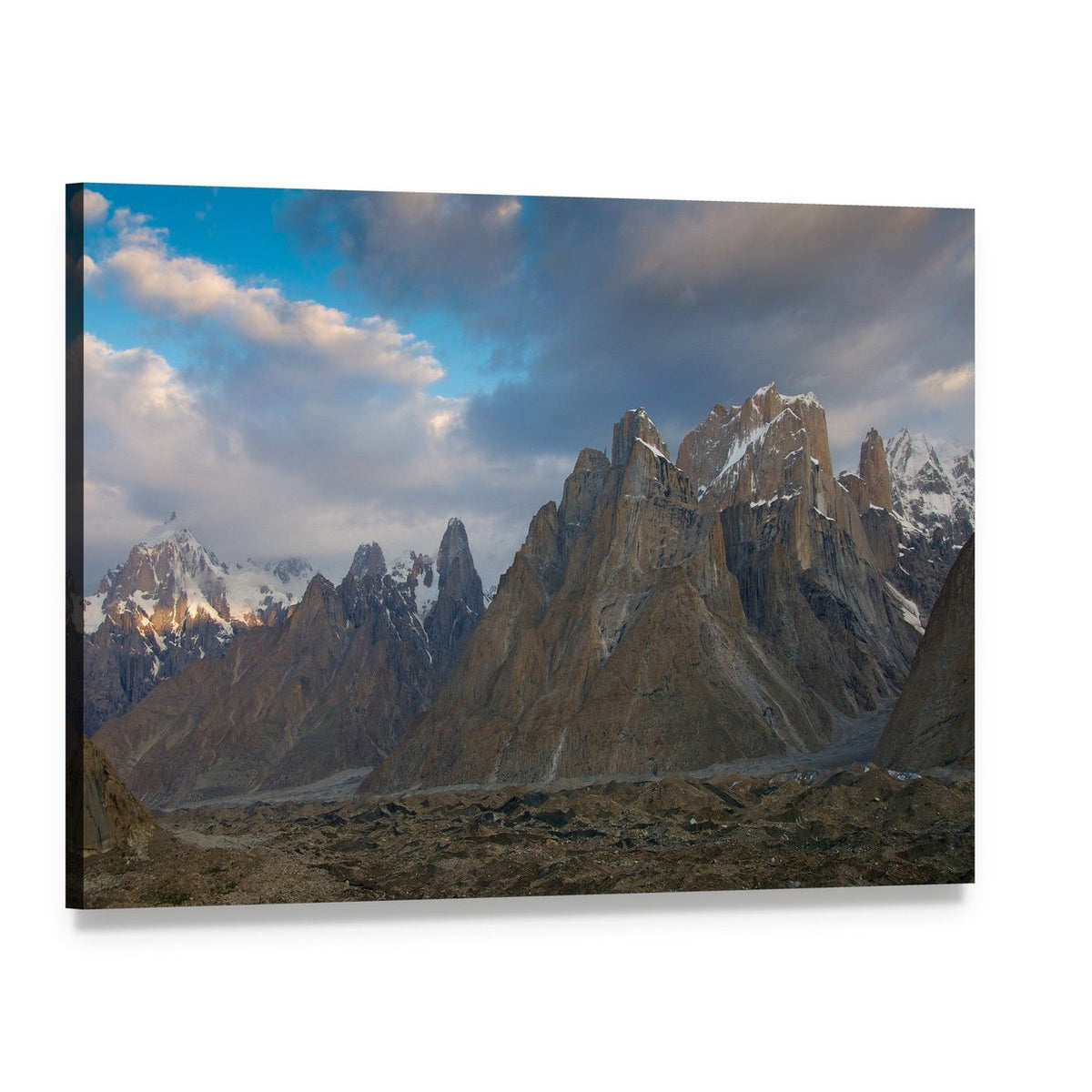 Trango Towers Epic Landscape Canvas Wall Art, single panel gallery wrapped canvas, angled product view