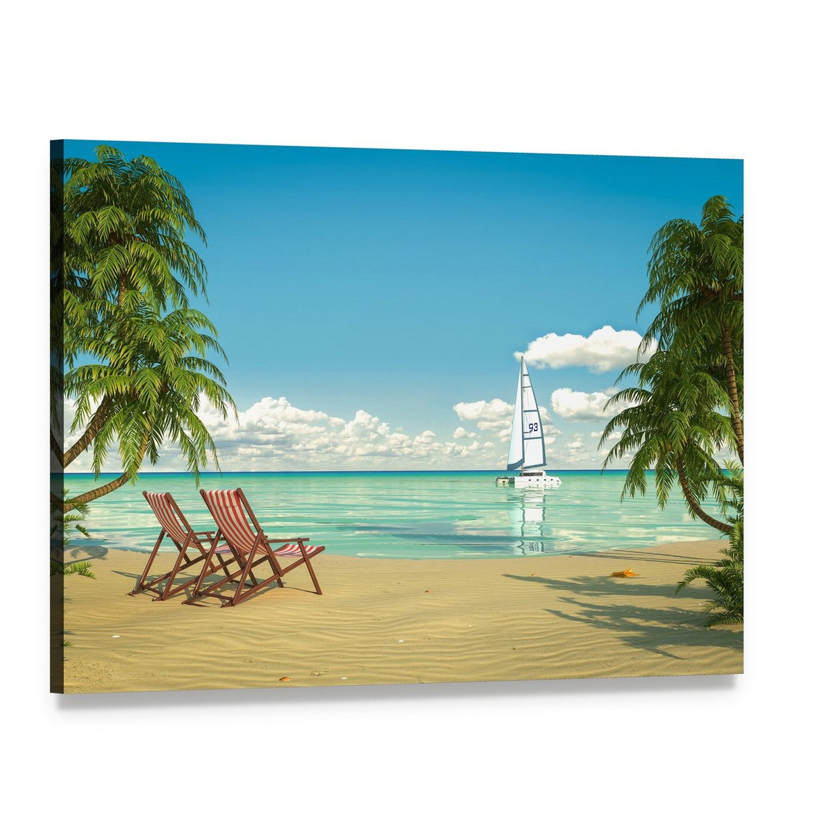 Caribbean Beach with Chairs and Sailboat Canvas Wall Art, single panel gallery wrapped canvas, angled product view