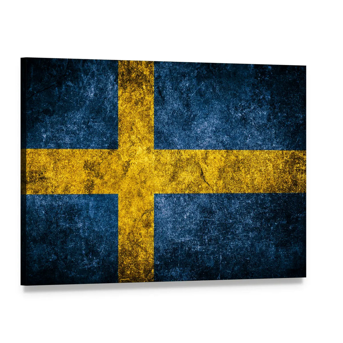 Swedish Flag on Grunge Concrete Canvas Wall Art, single panel gallery wrapped canvas, angled product view