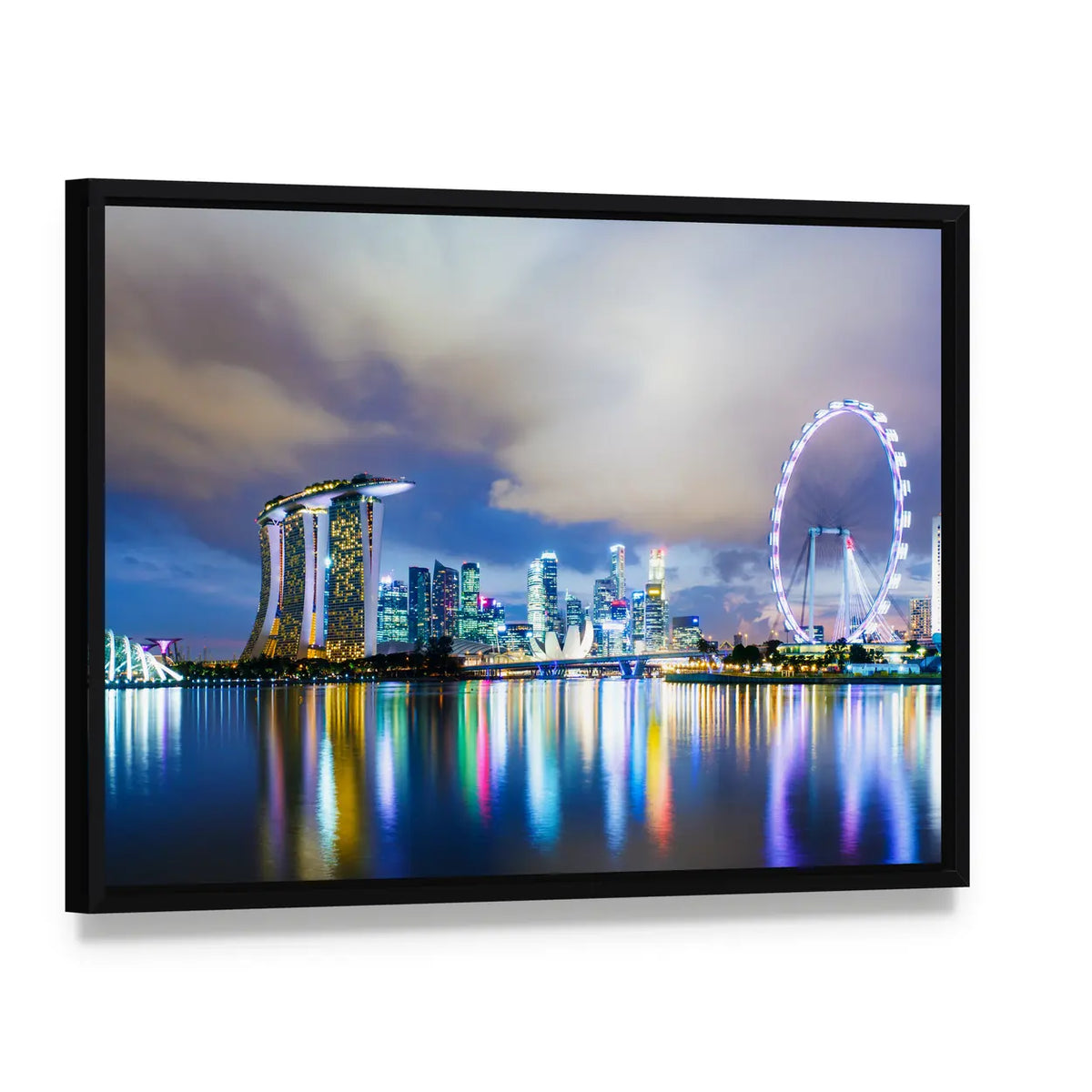 Singapore Skyline at Night Canvas Wall Art, framed canvas in a black floater frame, angled product view