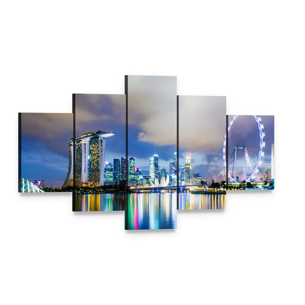 Singapore Skyline at Night Canvas Wall Art, 5 panel 5 Star layout gallery wrapped canvas set, angled product view