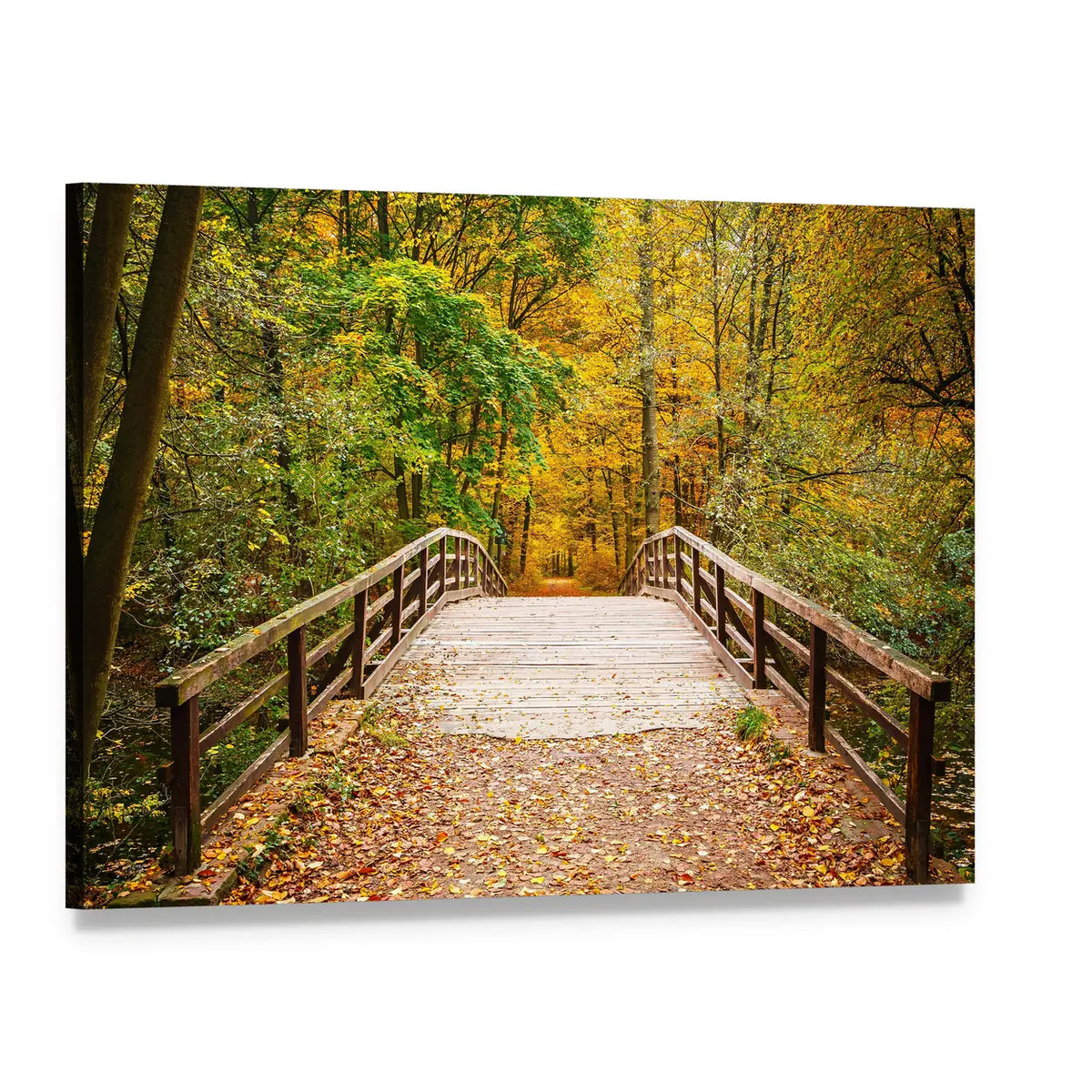 Wooden Bridge on Leaf-covered Autumn Path Canvas Wall Art, single panel gallery wrapped canvas, angled product view