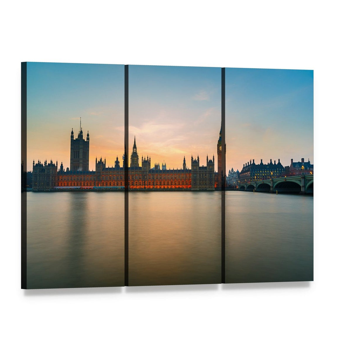 Big Ben and Palace of Westminster at Twilight Canvas Wall Art, 3 panel 3 Horizontal layout gallery wrapped canvas set, angled product view