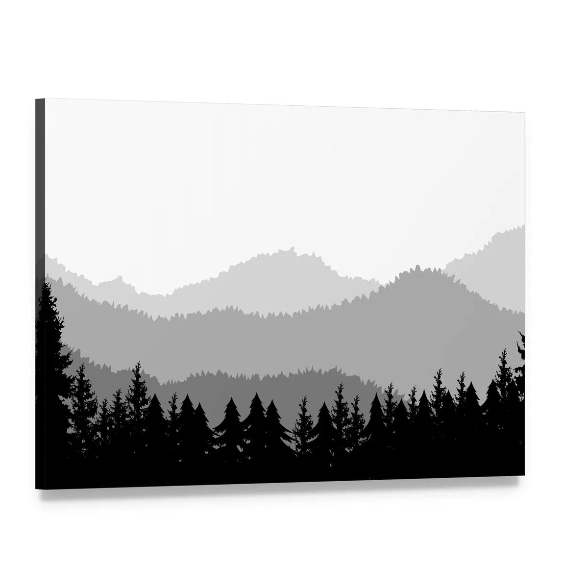 Monochrome Mountain Ranges with Pine Silhouettes Canvas Wall Art, single panel gallery wrapped canvas, angled product view