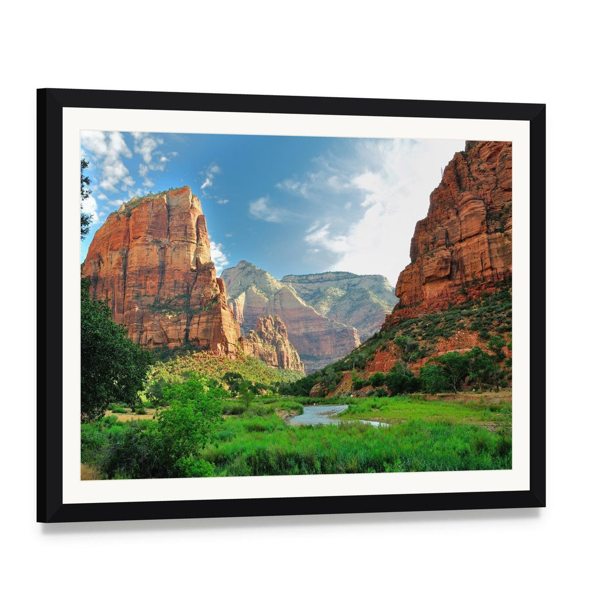 Sunlit Canyon with Winding River Canvas Wall Art, framed print with white mat and black frame, angled product view