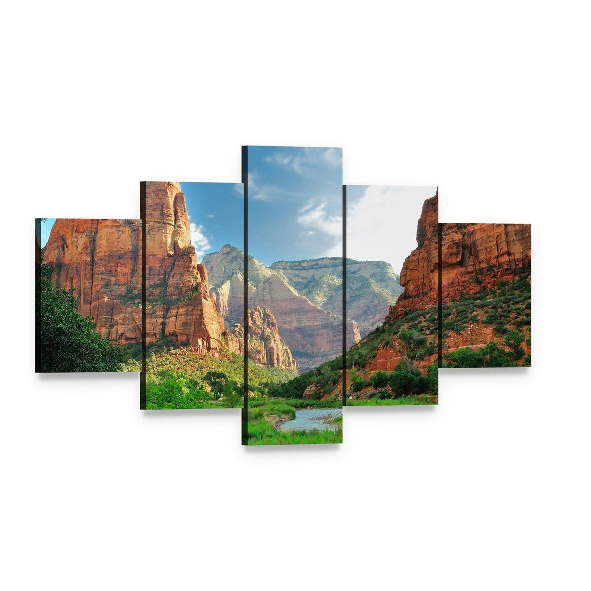Sunlit Canyon with Winding River Canvas Wall Art, 5 panel 5 Star layout gallery wrapped canvas set, angled product view
