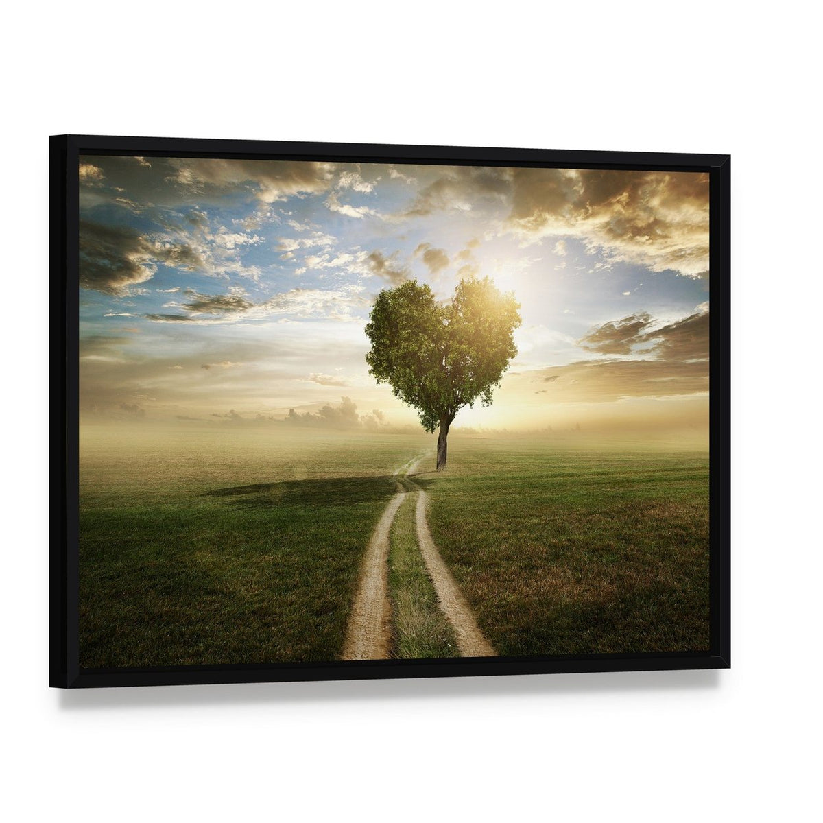 Heart Shaped Tree at Sunset Canvas Wall Art, framed canvas in a black floater frame, angled product view