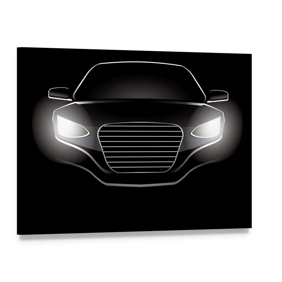 Black Car Silhouette with Glowing Headlights Canvas Wall Art, single panel gallery wrapped canvas, angled product view