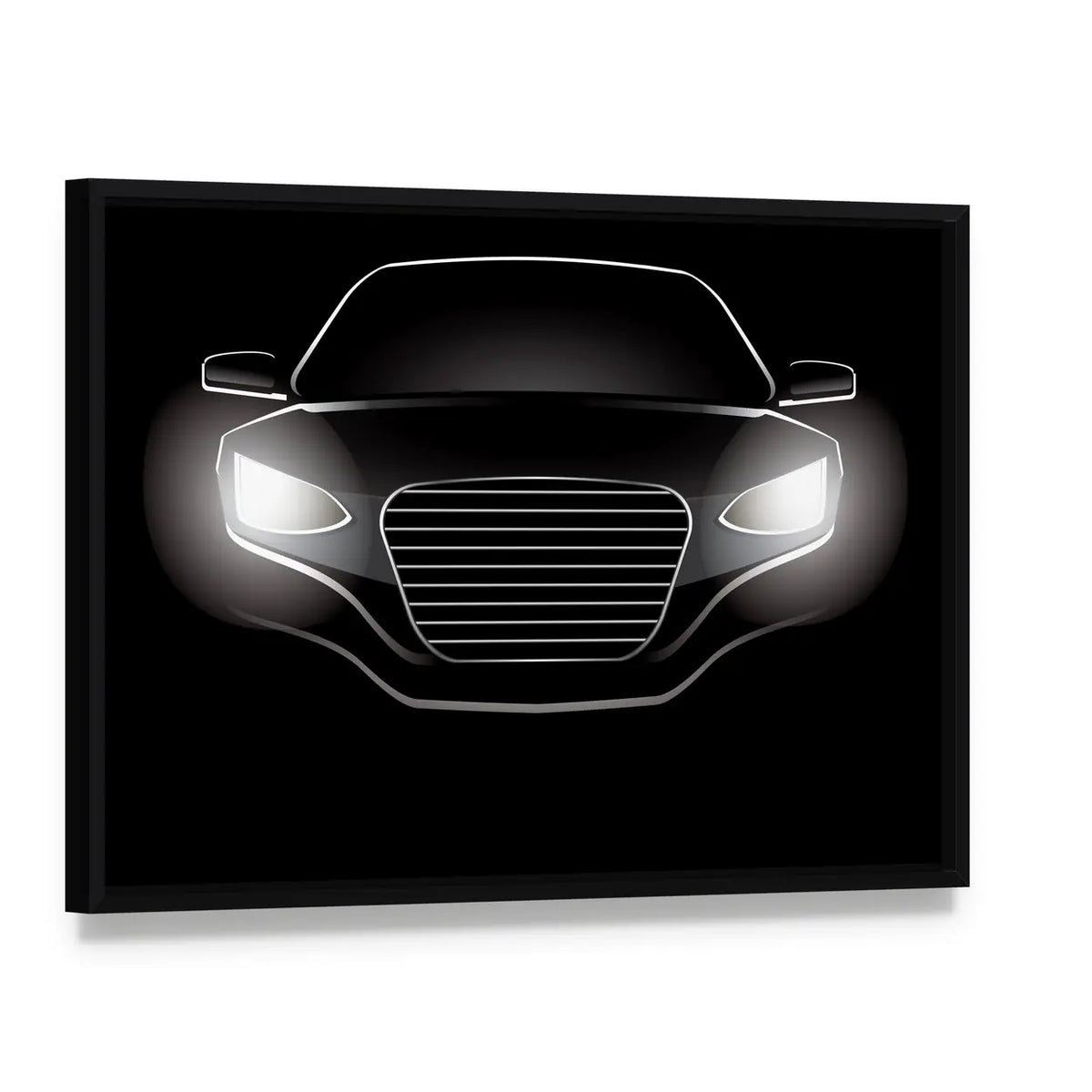 Black Car Silhouette with Glowing Headlights Canvas Wall Art, framed canvas in a black floater frame, angled product view