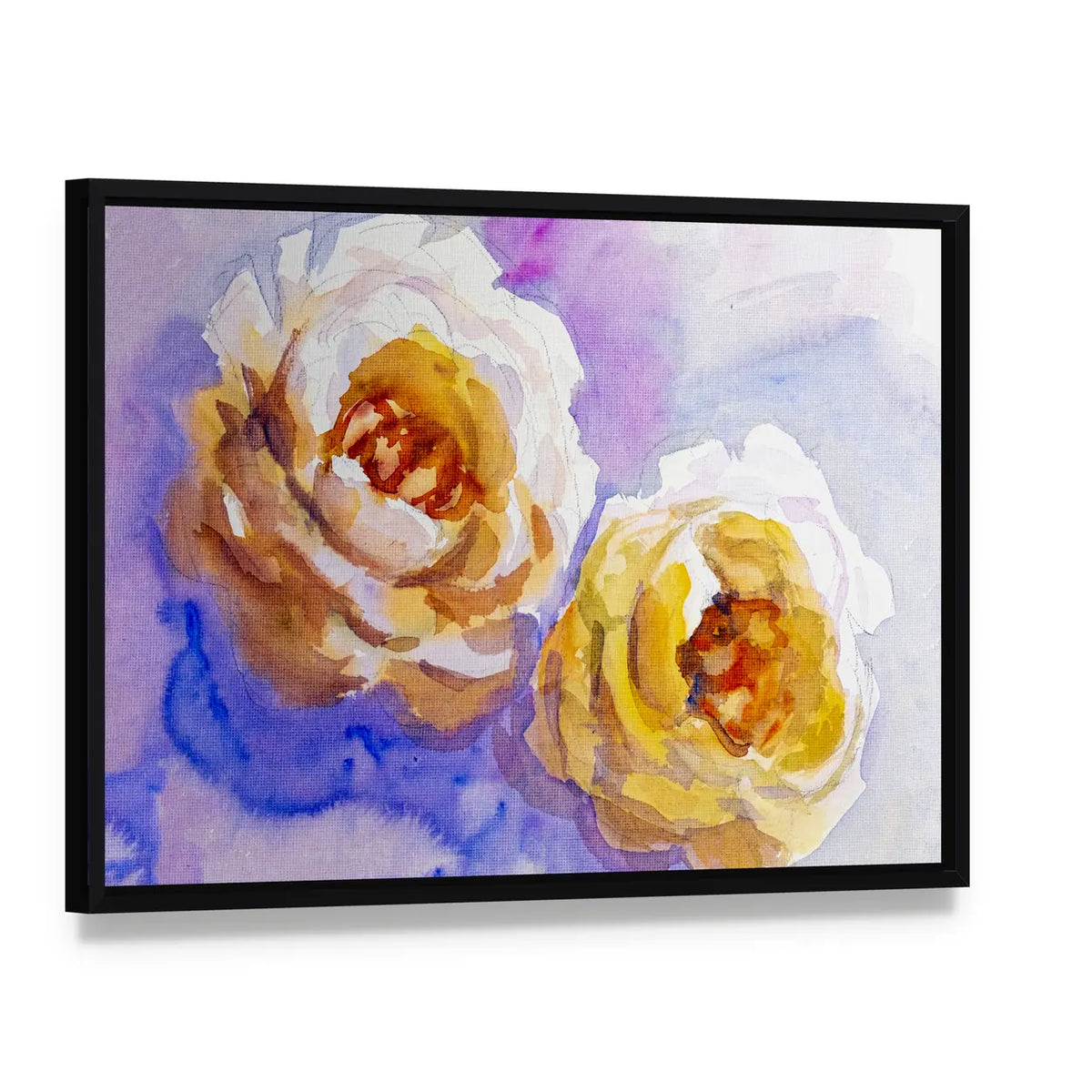 Two Yellow Roses Watercolor Painting Canvas Wall Art, framed canvas in a black floater frame, angled product view