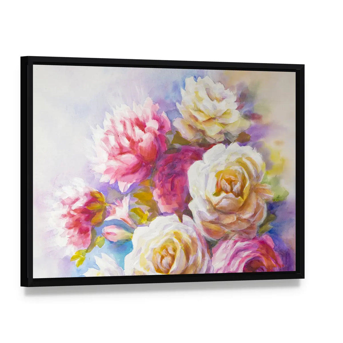 Watercolor Roses and Peonies Canvas Wall Art, framed canvas in a black floater frame, angled product view
