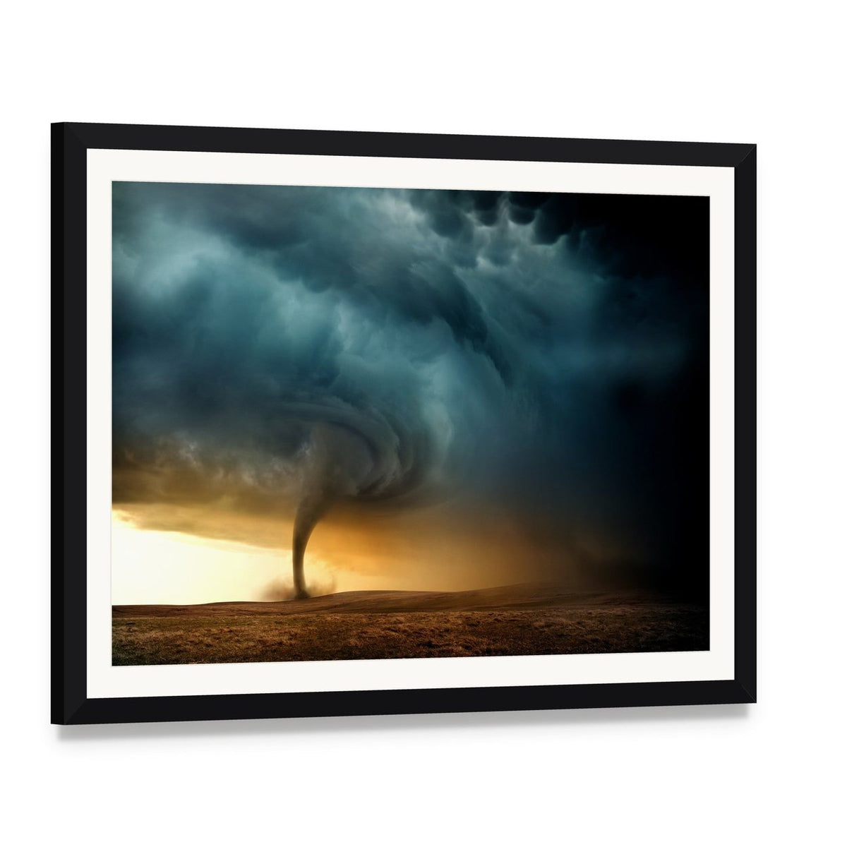 Tornado Forming a Supercell Canvas Wall Art, framed print with white mat and black frame, angled product view