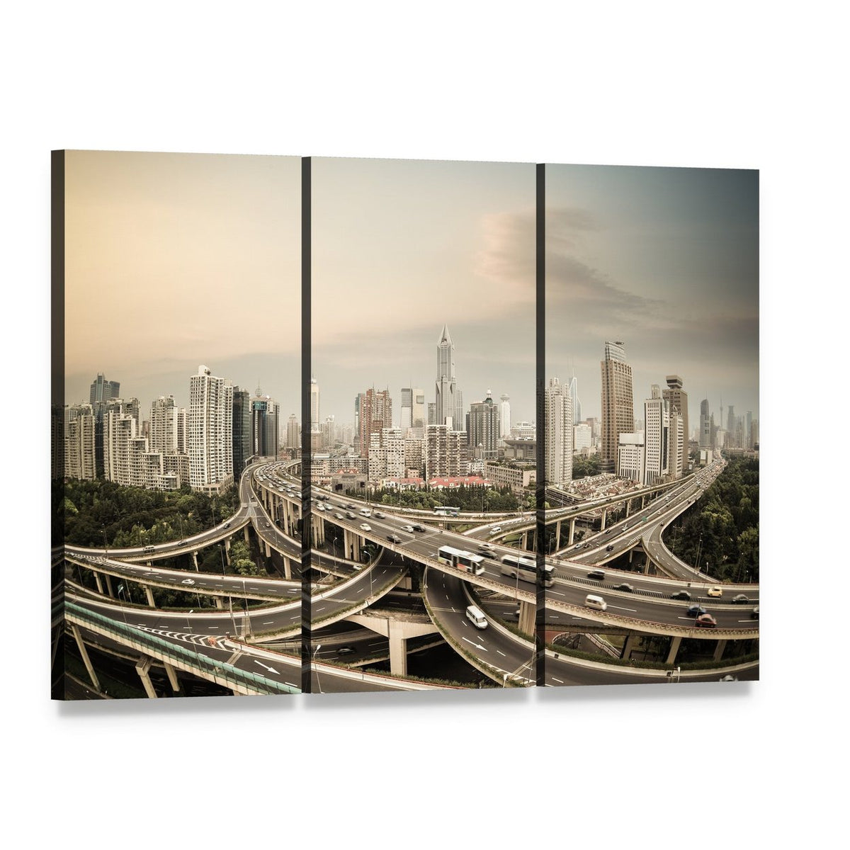 Shanghai Elevated Road Junction Canvas Wall Art, 3 panel 3 Horizontal layout gallery wrapped canvas set, angled product view