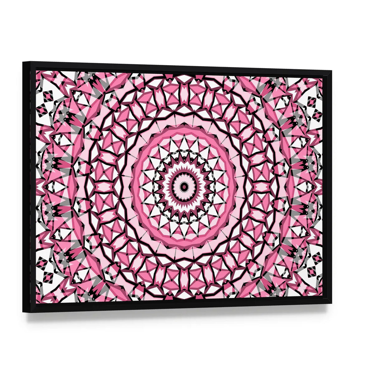 Round Mandala Pattern Canvas Wall Art, framed canvas in a black floater frame, angled product view