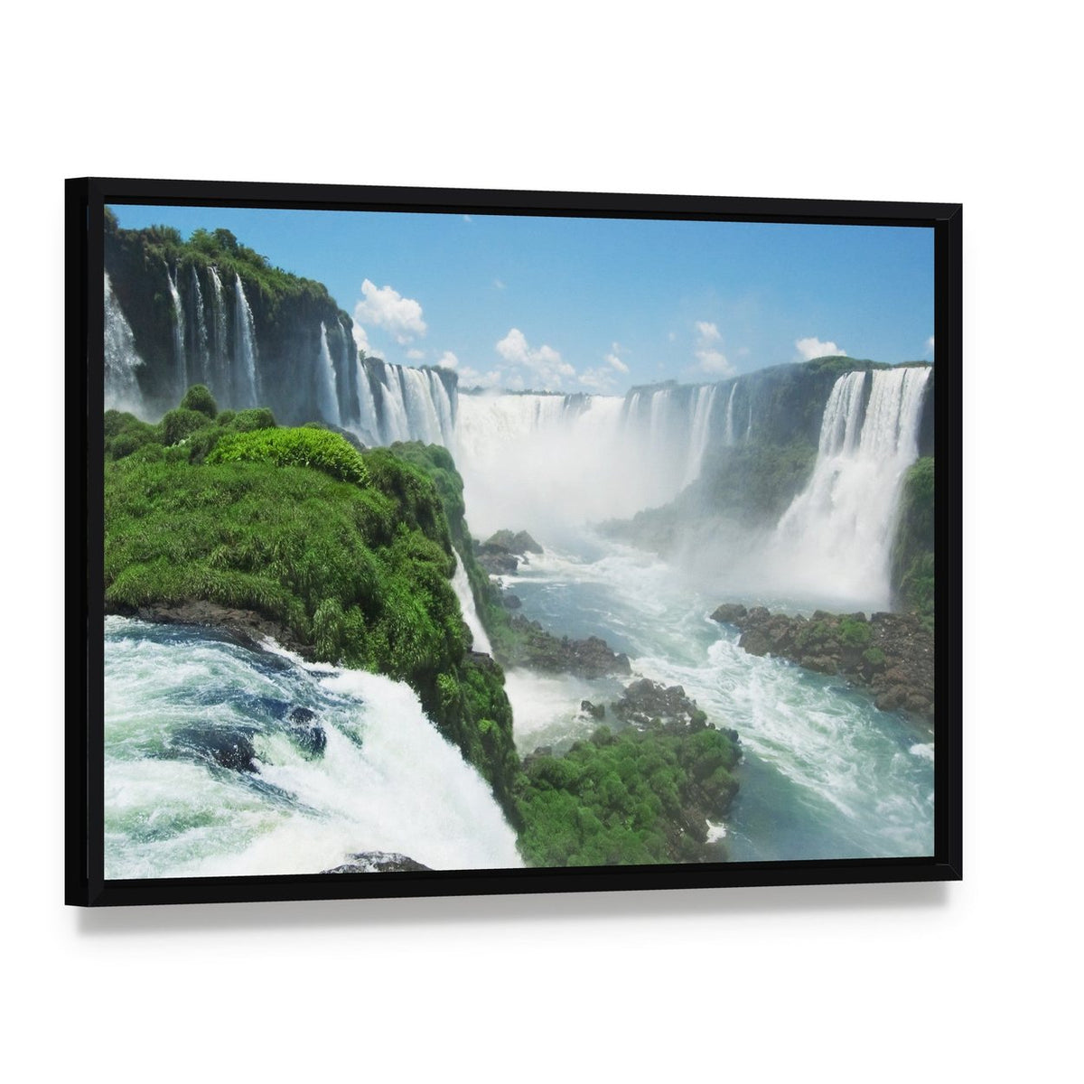Famous Iguazu Waterfall Canvas Wall Art, framed canvas in a black floater frame, angled product view
