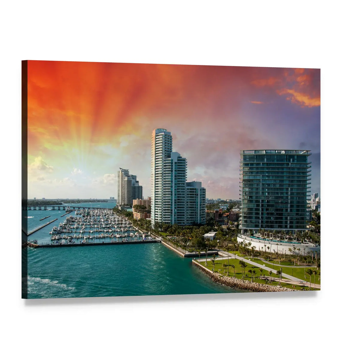 Miami Skyline at Sunset Canvas Wall Art, single panel gallery wrapped canvas, angled product view