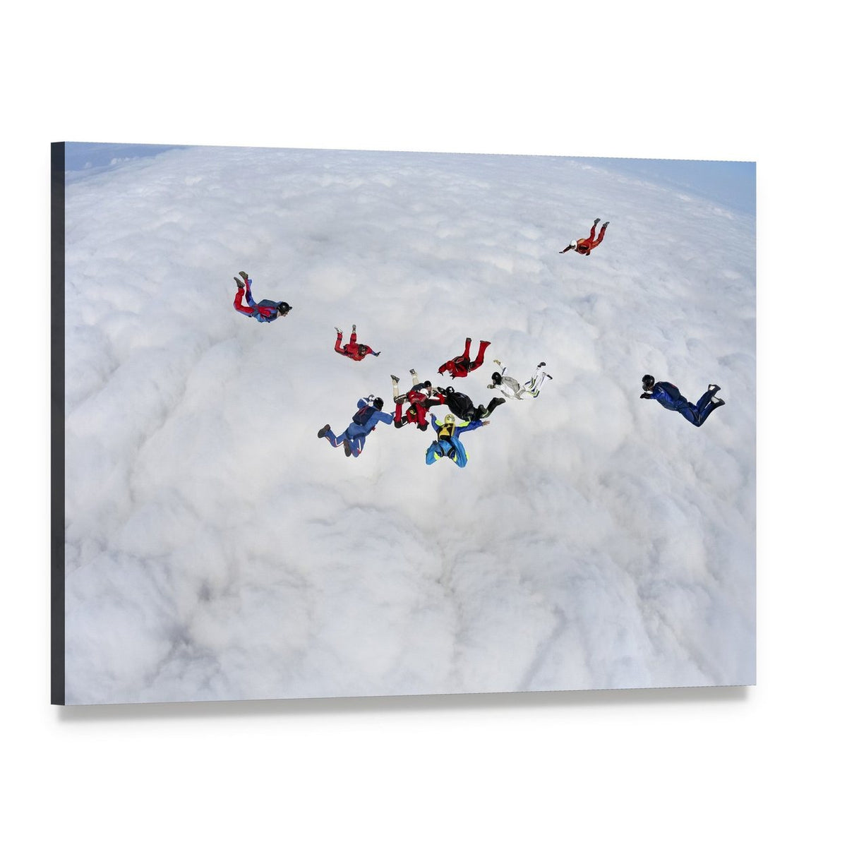 Skydivers in Formation Above Clouds Canvas Wall Art, single panel gallery wrapped canvas, angled product view