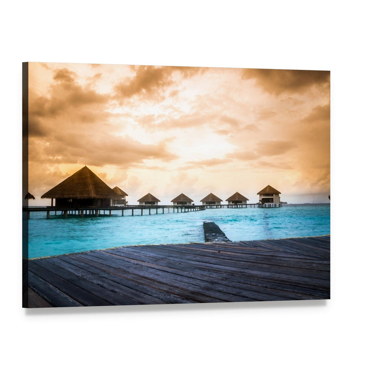 Overwater Bungalows at Sunset Canvas Wall Art, single panel gallery wrapped canvas, angled product view